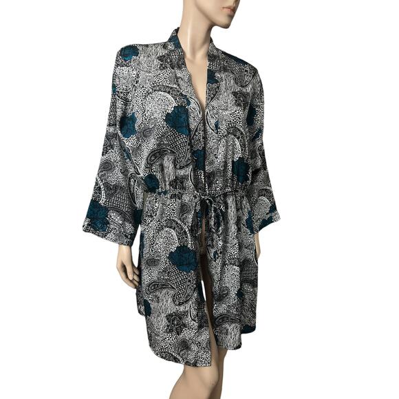 Vintage 80s Satin Robe Floral Paisley Print Size Medium Long Sleeves Tie Front